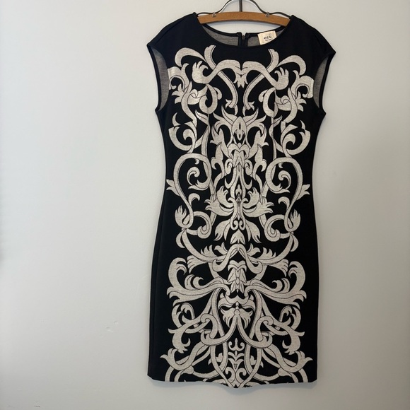 eci New York Baroque Scroll Knit Sheath Dress Black Beige Size 6 - Picture 1 of 8